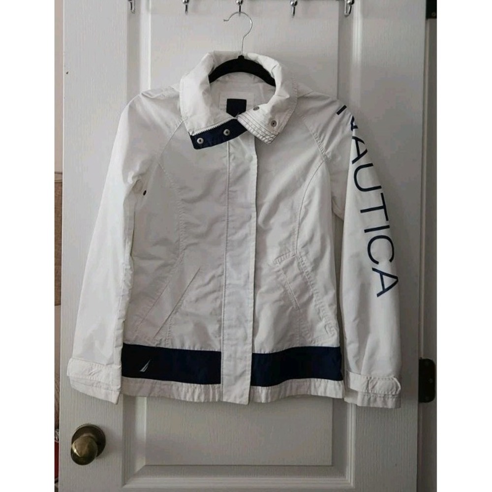Nautica Women's White / Blue Rain Jacket With Hoodie Size XS